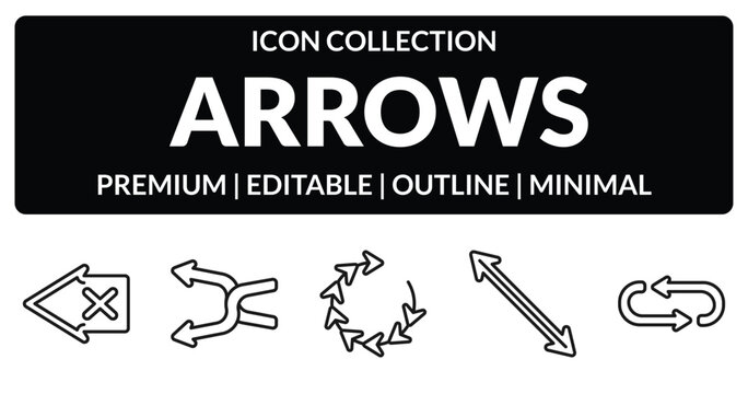 outline arrows icons set - backspace, shuffle arrows, diagonal arrow, loop arrows. editable vector for web and mobile ui