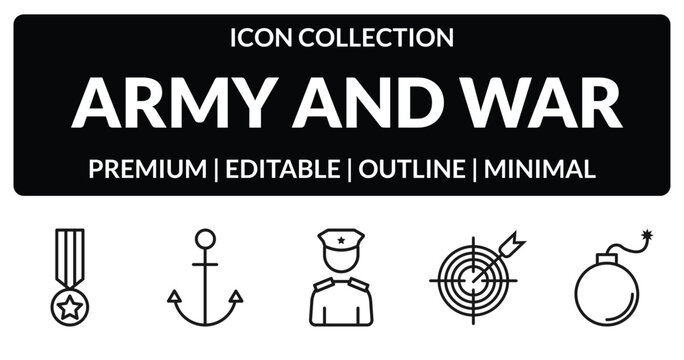 outline army and war icons set - condecoration, naval, aim, bomb. editable vector for web and mobile ui