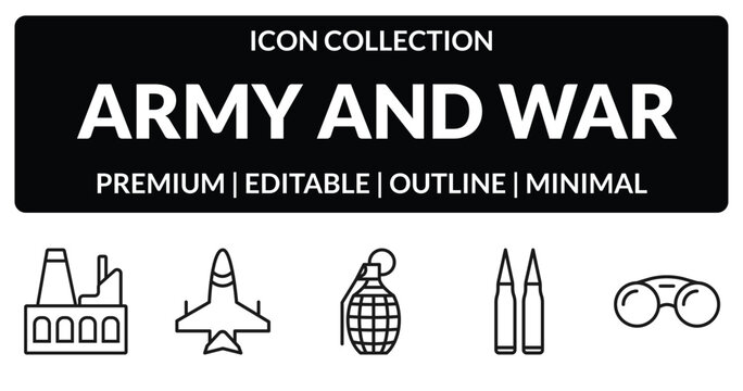 outline army and war icons set - industrial building, jet, two bullets, binoculars. editable vector for web and mobile ui