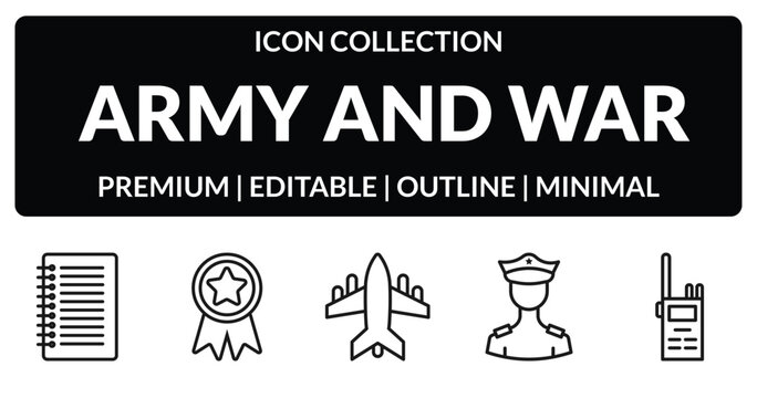 outline army and war icons set - notebook, rank, officer, militar radio. editable vector for web and mobile ui