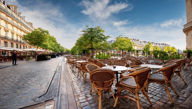 serene parisian cafe terrace inviting with its empty chairs and tables awaiting the day s visitors
