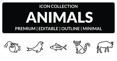 outline animals icons set - angler, sea lion, lemur, wildebeest. editable vector for web and mobile ui © IconArt
