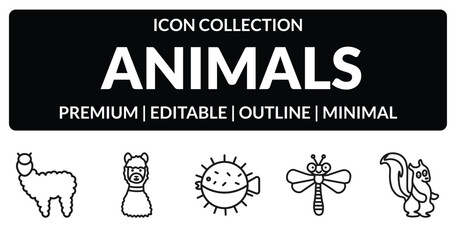 outline animals icons set - alpaca, lama, dragonflay, skunk. editable vector for web and mobile ui © IconArt