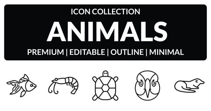outline animals icons set - goldfish, prawn, deadlock, otter. editable vector for web and mobile ui