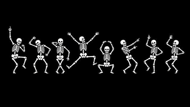 Eight funny dancing skeletons vector illustration on black background, spooky cute skeleton characters posing, jumping and partying for Halloween holiday