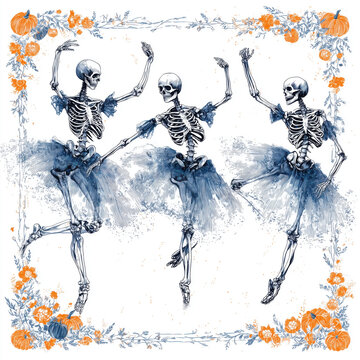 Three Funny Skeletons in Blue Skirts Dancing Ballet Surrounded by Halloween Frame Decorations