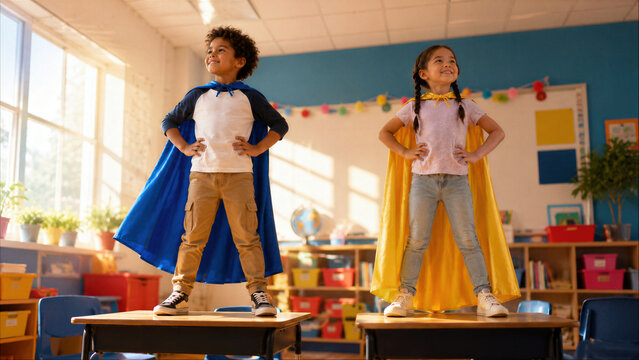 Diverse school children wearing superhero capes standing on desks in classroom, empowered boy and girl with hands on hips imagining being heroes at elementary school.
