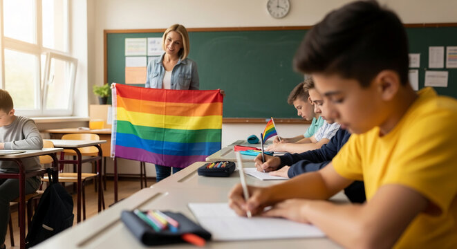 Teacher presents rainbow flag to students in classroom, promoting diversity and inclusion, representing education on LGBTQ+ rights