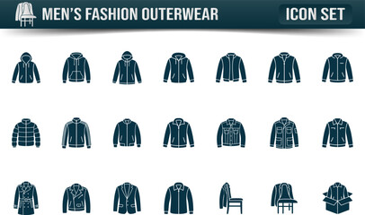 Men's fashion outerwear icon set, featuring various jackets and coats for diverse styles and seasons on transparent background. © itsvsojib