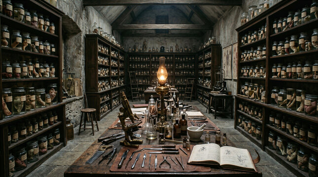Vintage Anatomical Laboratory with Specimen Jars, Surgical Tools, Microscope, and Open Notebook on a Wooden Table in a Dark Historic Room Lit by an Oil Lamp