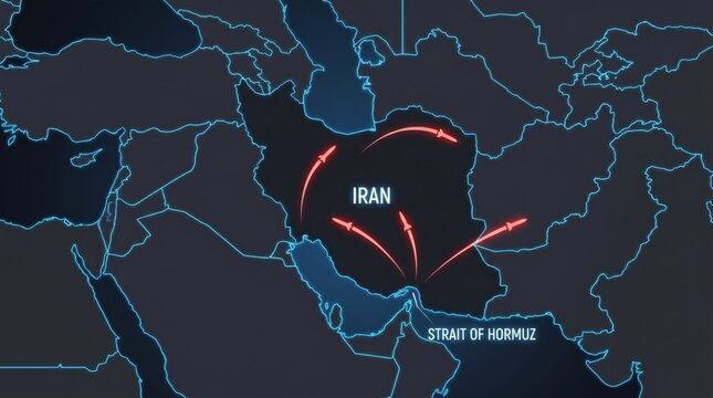 Opened ingredientFuturistic dark neon map of Iran and the Middle East showing glowing red missile trajectories originating from the Strait of Hormuz