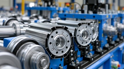 Obraz premium Roll forming equipment in focus creating precise ultrahighstrength steel profiles on a hightech steel forming line with an emphasis on smooth automated material handling.