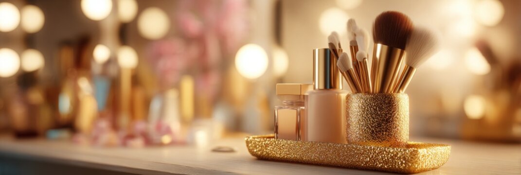 Luxurious makeup display with brushes and bottles on a glittery tray.