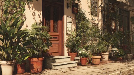 Obraz premium City street shows a tight space with plants in pots.