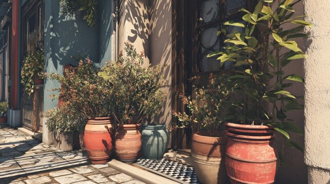 City street shows a tight space with plants in pots.