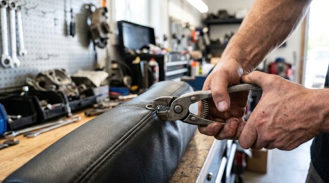Upholsterer using stretching pliers to pull black leather tightly over a cushion seat