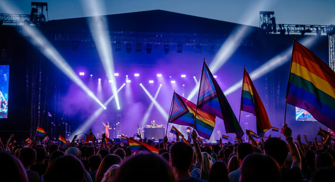 Crowd holding rainbow flags at an outdoor music concert with stage lights, symbolizing pride, celebration, and community