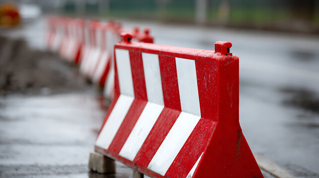 Road barrier with red and white stripes demarcates a construction zone, focusing on safety and warning of potential hazards on a wet street