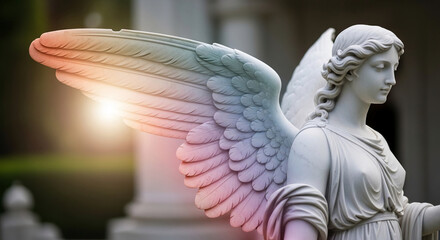 Obraz premium Marble angel statue with feathered wings illuminated by soft light, symbolizing protection, peace, and the divine, suitable for solemn or spiritual themes.