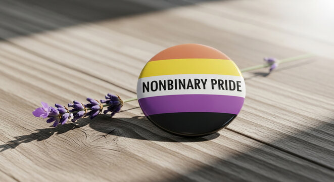 Round badge with nonbinary pride flag colors and text, beside lavender sprigs on a wooden surface, symbolizing identity and belonging