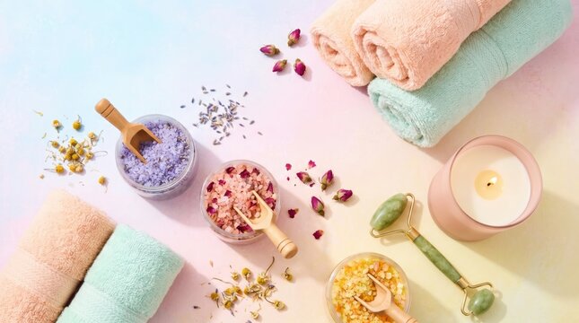 Spa salts and jade roller arranged with rolled towels and candle on pastel surface for relaxation and skincare ritual