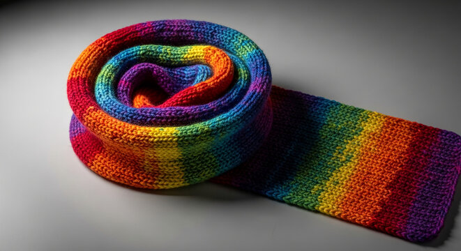 Knitted rainbow scarf detail, showcasing vibrant color transitions in a cozy texture, symbolizing diversity, pride, and warmth.