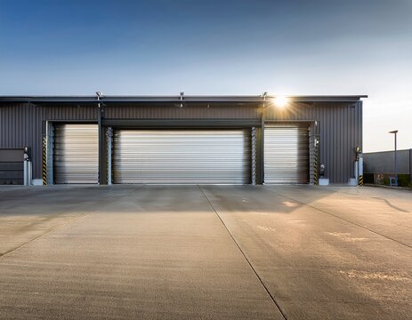 modern industrial warehouse with open roller door and clean empty parking lot in background showcasing commercial garage doors for industrial buildings