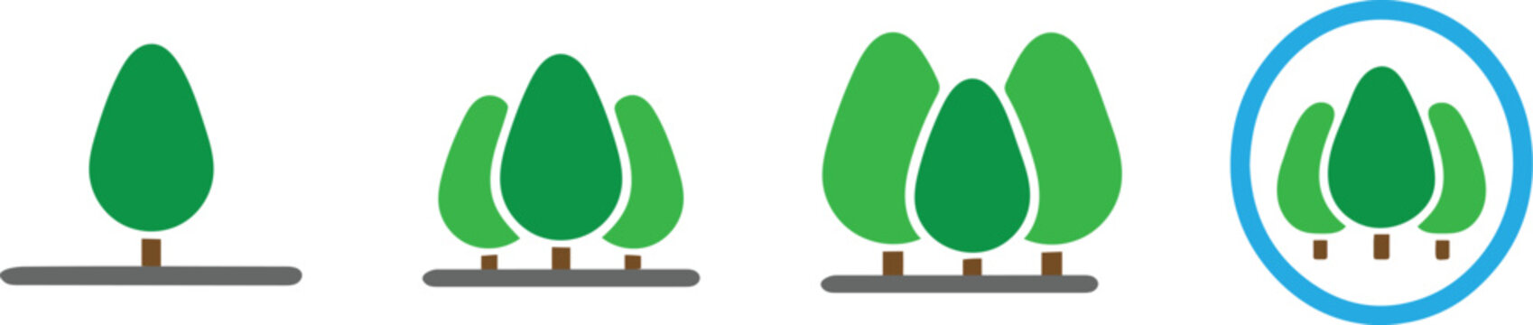 Set of simple graphic tree icons showing different quantities of foliage arranged in a row and within a blue circle