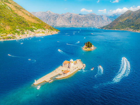 Saint George Island and Church of Our Lady of the Rocks in Perast, Montenegro near Perast on shore of Boka Kotor bay (Boka Kotorska) in Montenegro