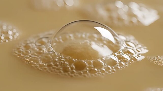 Close up of frothy bubbles on a light brown liquid surface.
