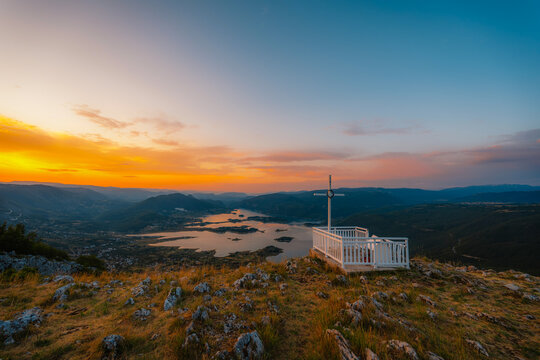 Ramsko Lake (Ramsko jezero) with its unique islands and peninsulas from the Zahum viewpoint, Bosnia and Herzegovina.