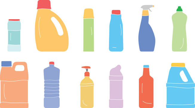 Various colorful plastic cleaning supply bottles arranged in a clean digital illustration style set for household sanitation product design projects