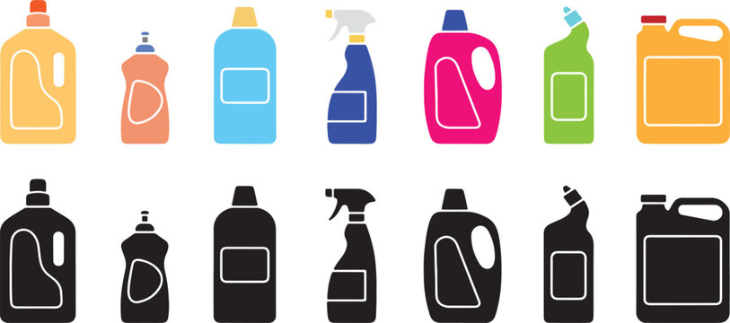 Colorful and black silhouette cleaning product bottles arranged in a clean row for this professional high quality vector graphic image