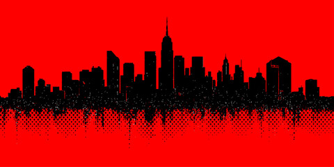 Fototapeta premium Dramatic black city skyline silhouette with digital halftone dispersion pattern on vibrant red background