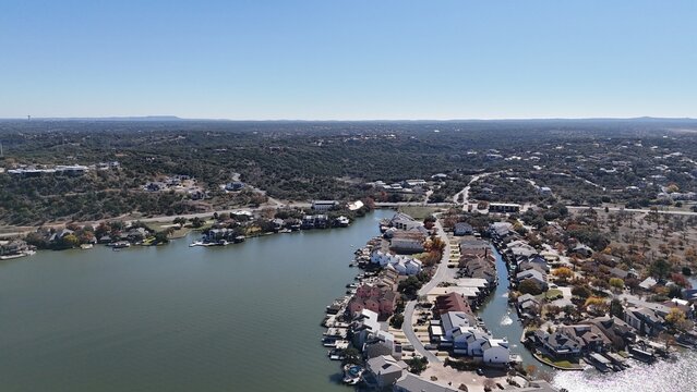 Texas Hill Country - aerial view overlooking the Highland Lakes during autumn