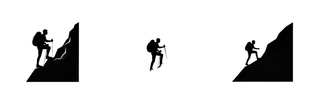 Set and collection of simple black silhouette icon of man hiking with backpack isolated on white transparent png background