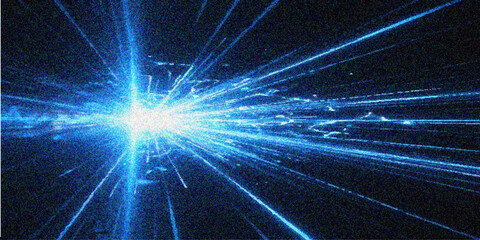 Abstract cosmic background with dynamic blue neon light rays shooting horizontally across dark space © Md