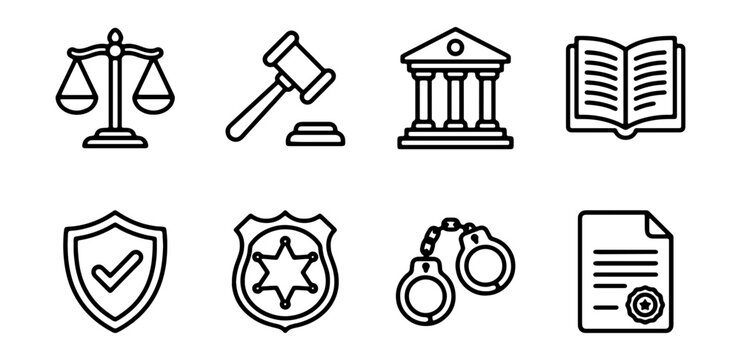 Law and Justice Icons: Scales, Gavel, Court, Book, Shield, Badge, Handcuffs, Document