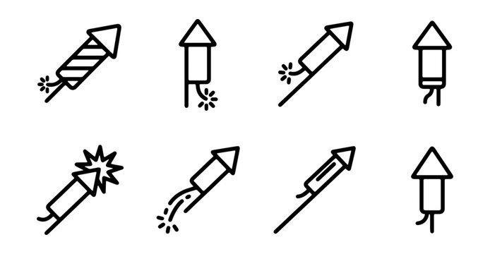 Fireworks Rocket Icons Set, Celebration Pyrotechnic Symbols, Holiday Event Vector Graphics