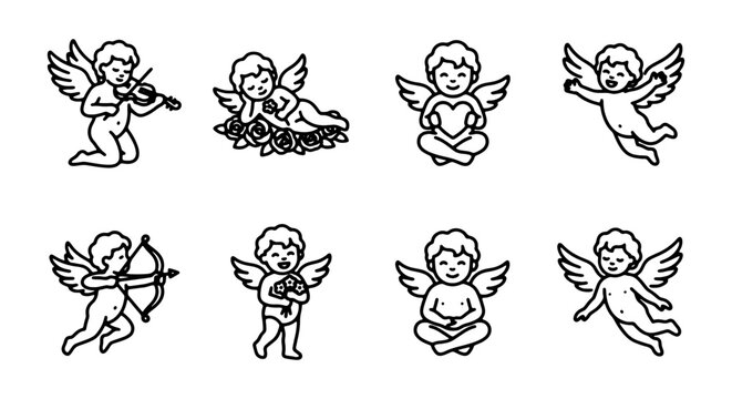 Cherub Icons Set, Angel Vector Graphics, Cupid Illustrations, Love Symbols, 8 Elements