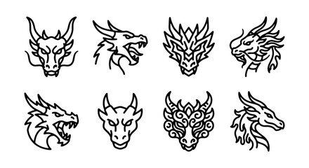 Obraz premium Mythical Dragon Heads Vector Set, 8 Detailed Line Art Illustrations, Fantasy Creature Icons