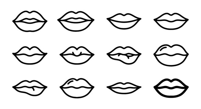 Vector Lips Icons Set, Diverse Mouth Shapes, Kissing Expressions, Beauty and Fashion Graphics