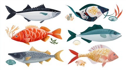 Obraz premium Colorful illustrations of various fish including salmon and grouper.