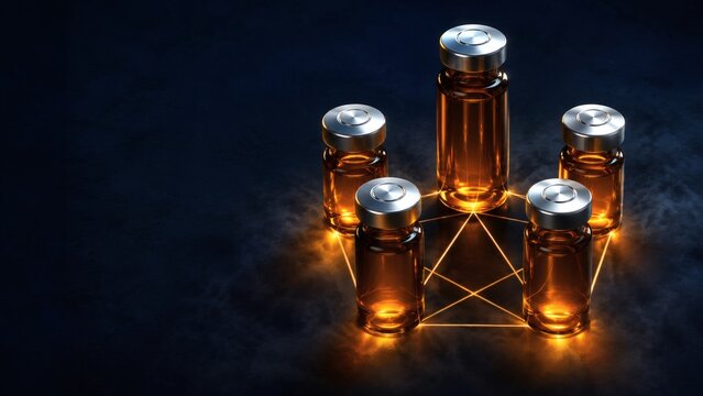 Luxury Amber Glass Supplement Vials In Sacred Geometry Formation With Glowing Backlight On Dark Background