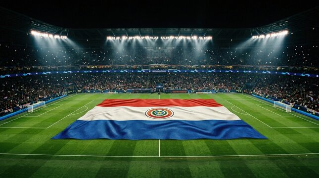 Paraguayan flag displayed across illuminated football stadium at night