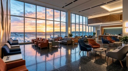 Fototapeta premium Spacious lounge area with floor to ceiling windows overlooking runway and sunset creating bright modern airport departure space