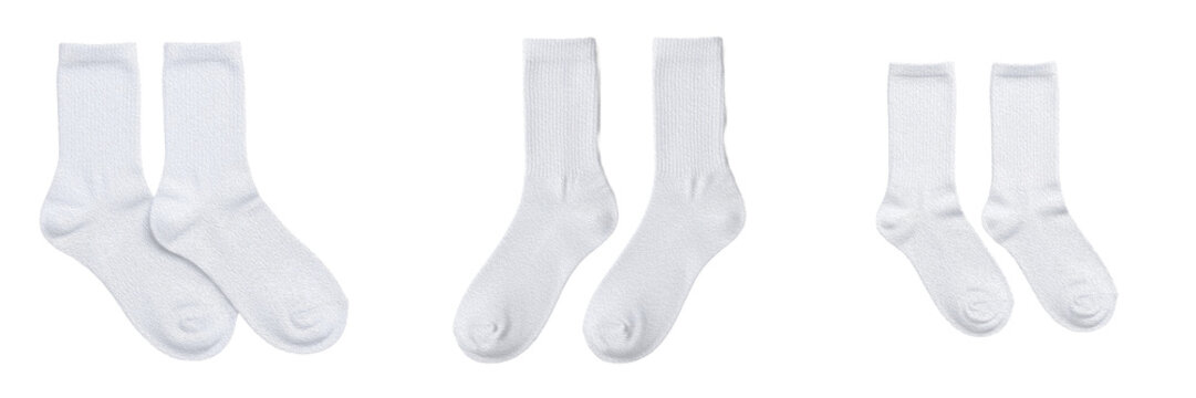 Set and collection of simple plain white cotton crew socks pair apparel mockup asset isolated on white transparent png background