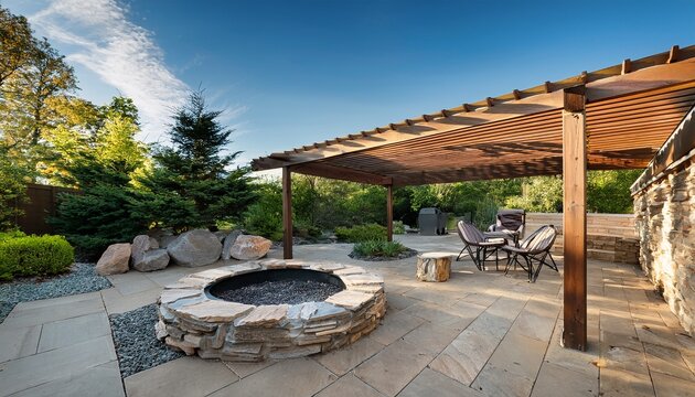 a beautifully designed backyard hardscape featuring stone patio fire pit and pergola backyard hardscape stone