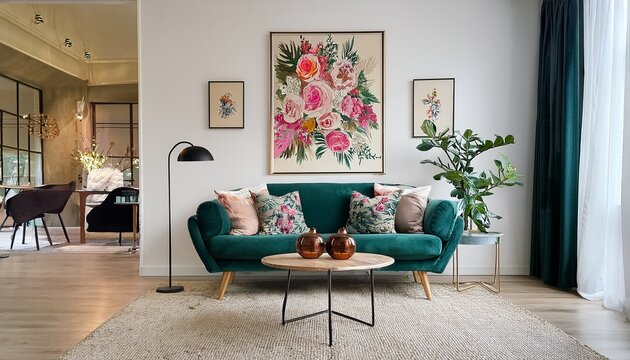 modern maximalist interior design living room with floral sofa and gallery wall