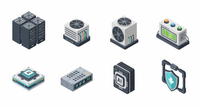 Isometric illustration of various server and computer hardware components.